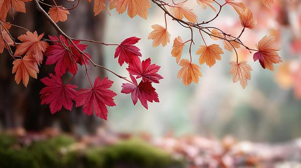 鮮やかな赤と橙に色づいた秋のカエデの葉の写真