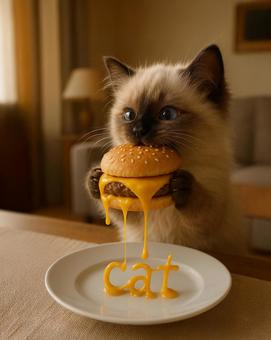 チーズバーガ‐を食べるシャムミックスの写真