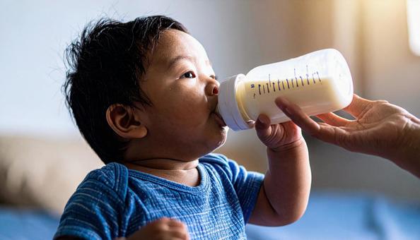 哺乳瓶からミルクを飲む日本人の赤ちゃん 哺乳瓶からミルクを飲む日本人の赤ちゃんの写真