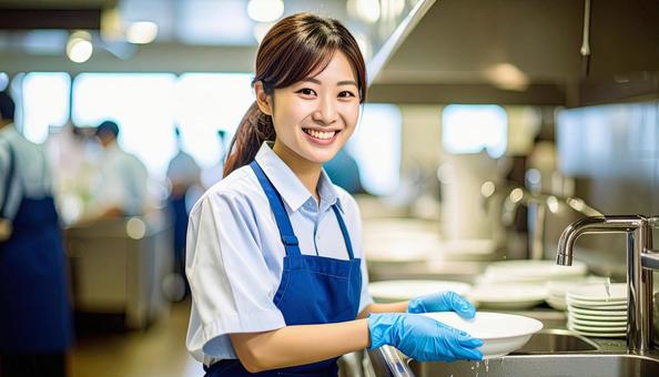 レストランの洗い場で皿を洗うスタッフ レストランの洗い場で皿を洗うスタッフの写真