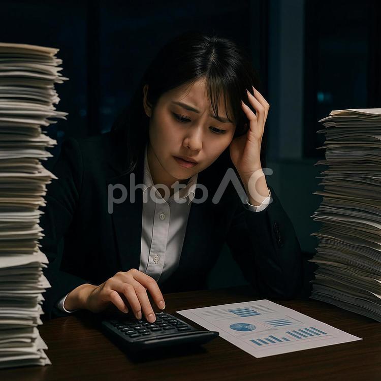 書類に追われる女性 残業,書類,ビジネスの写真素材