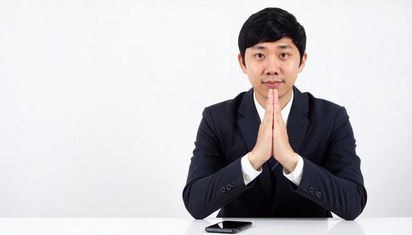 顎に手をやり思案するビジネスマンの写真