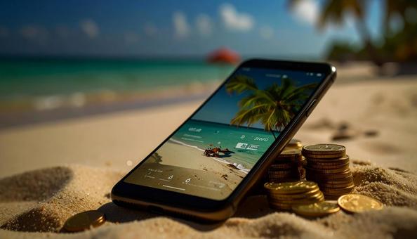 スマホときれいなビーチの写真