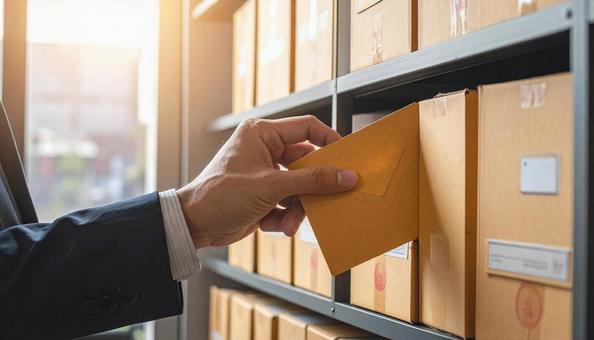 棚にファイリングされた資料を調べる男性の写真