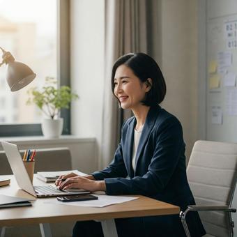 オフィスで働く笑顔のビジネスウーマン オフィスで働く笑顔のビジネスウーマンの写真