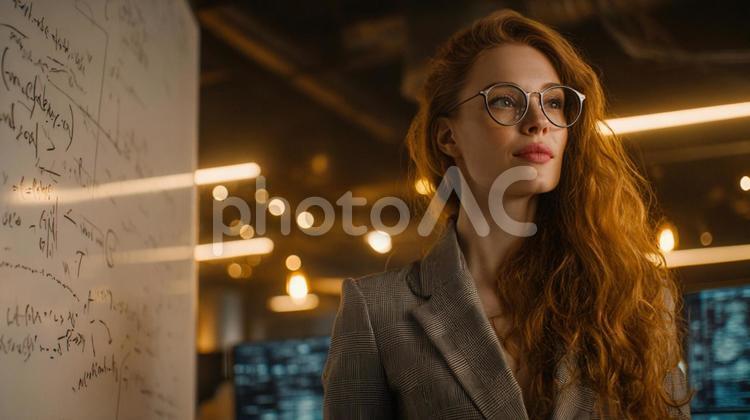 赤毛と眼鏡が魅力的なキャリアウーマン 女性,30代,知的の写真素材