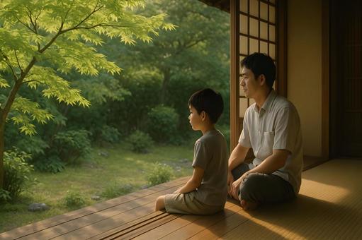 縁側で庭を眺める父と子 縁側で庭を眺める父と子の写真