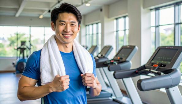 ジムのランニングマシンで走る日本人男性 ジムのランニングマシンで走る日本人男性の写真