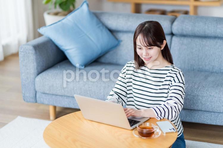 リビングでノートパソコンを使う女子大学生 女性,日本人,ライフスタイルの写真素材