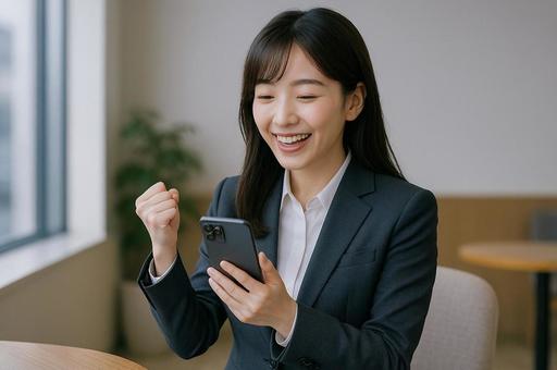 スマホを見てガッツポーズをする女性 スマホを見てガッツポーズをする女性の写真