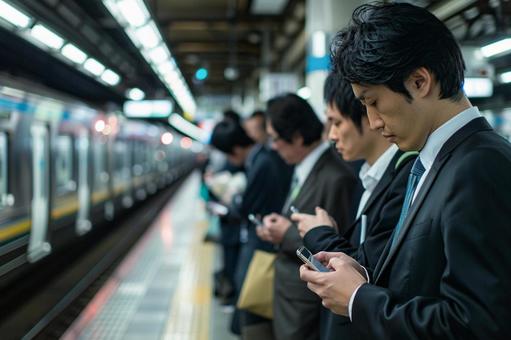 スマホを持ち電車を待つサラリーマン スマホを持ち電車を待つサラリーマンの写真