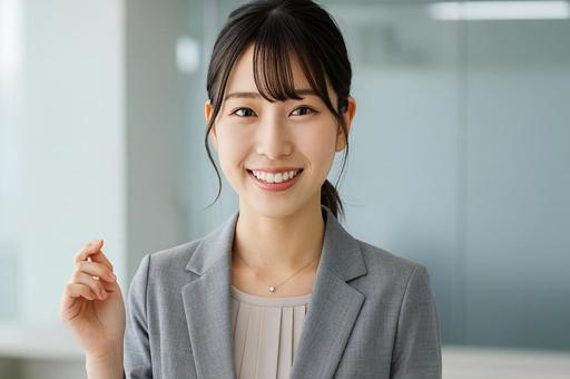 オフィスにいる笑顔の女性 オフィスにいる笑顔の女性の写真