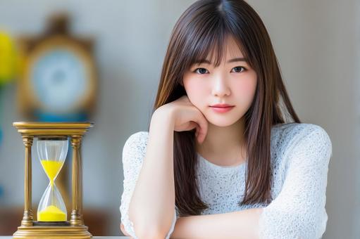 砂時計と女性 時間の大切さ 砂時計と女性 時間の大切さの写真