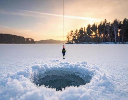 凍った湖に穴を開けて釣り糸を垂らしている 凍った湖に穴を開けて釣り糸を垂らしているの写真