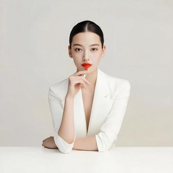 口紅をぬる女性の写真