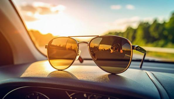 車のダッシュボードに置かれたサングラス 車のダッシュボードに置かれたサングラスの写真