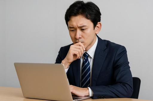 パソコンを見つめて考え込む男性社員 パソコンを見つめて考え込む男性社員の写真