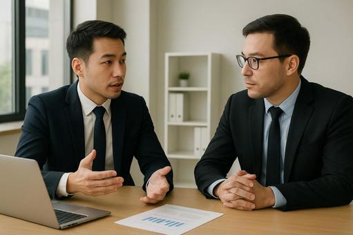 商談を行う2人のビジネスマン 商談を行う2人のビジネスマンの写真