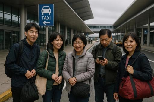 空港の外でタクシーを待つ日本人観光客 空港の外でタクシーを待つ日本人観光客の写真