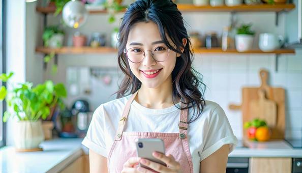 スマホでポイ活する笑顔の女性 スマホでポイ活する笑顔の女性の写真