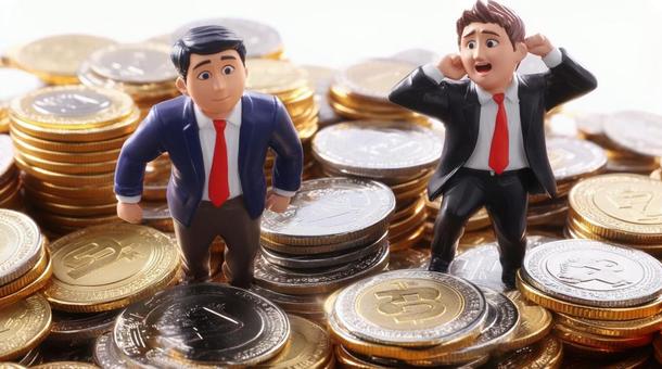 お金の上に立つビジネスマンのフィギュア お金の上に立つビジネスマンのフィギュアの写真