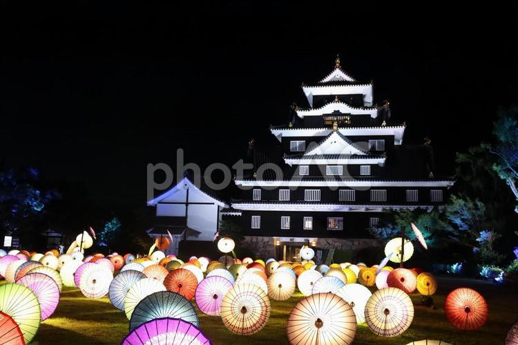 岡山城　ライトアップ　和傘 岡山城,和傘,ライトアップの写真素材