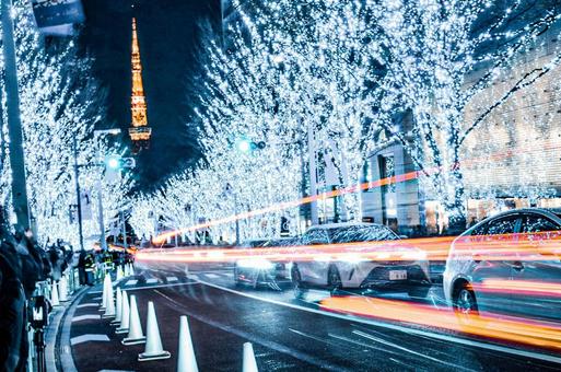 イルミネーションと東京タワー イルミネーション,ライトアップ,冬の写真素材
