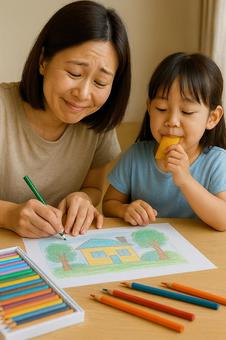 夏休みのお絵かき宿題を母親が手伝っている 夏休みのお絵かき宿題を母親が手伝っているの写真