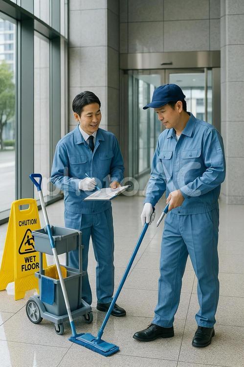 清掃スタッフの打ち合わせ 清掃,作業員,制服の写真素材