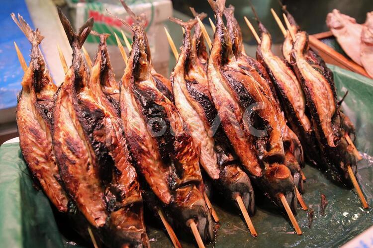 京都　舞鶴の取れ立てアジの串焼き アジ,あじ,アジの開き魚の写真素材