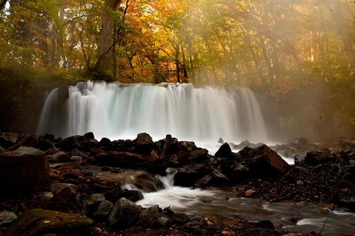 紅葉に包まれたマイナスイオンの滝 紅葉,滝,紅葉狩りの写真素材