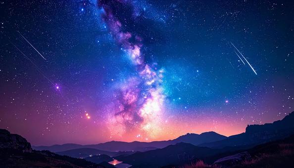流れ星と天の川が広がる夜空の写真