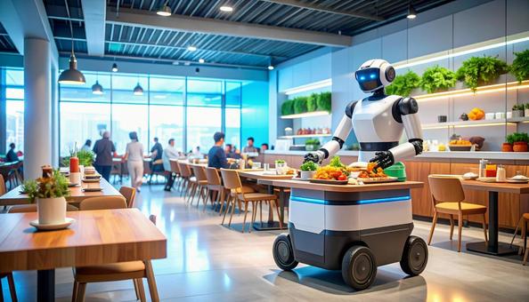 A delivery robot serving food in a restaurant, robot, conveyance, technology, JPG