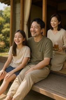 家族が縁側でまったりとした時間を過ごす 家族が縁側でまったりとした時間を過ごすの写真