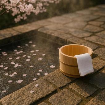 桜の足湯と木桶の写真