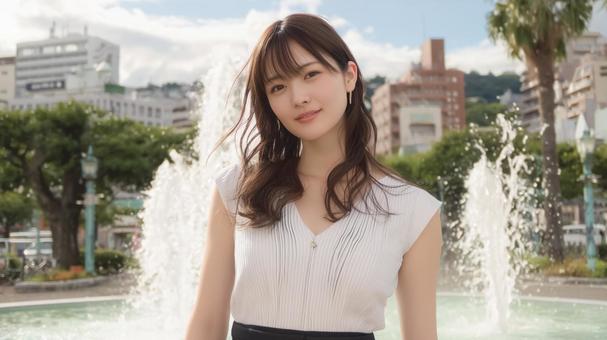 公園の噴水前に立つ女性 公園の噴水前に立つ女性の写真