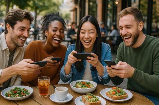 スマホで盛り上がる昼食 スマホで盛り上がる昼食の写真