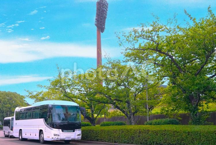 スタジアムの送迎バス バス,応援団,観戦の写真素材