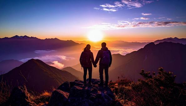 山から朝日を眺める日本人カップル 山から朝日を眺める日本人カップルの写真