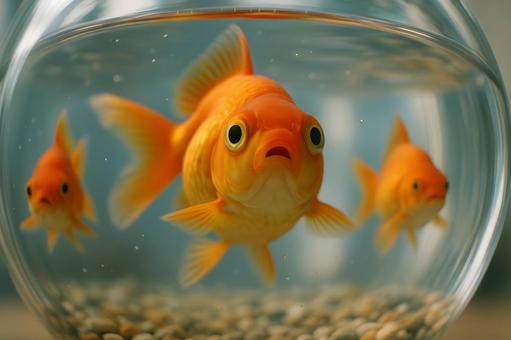 魚鉢で泳ぐ三匹の金魚 魚鉢で泳ぐ三匹の金魚の写真