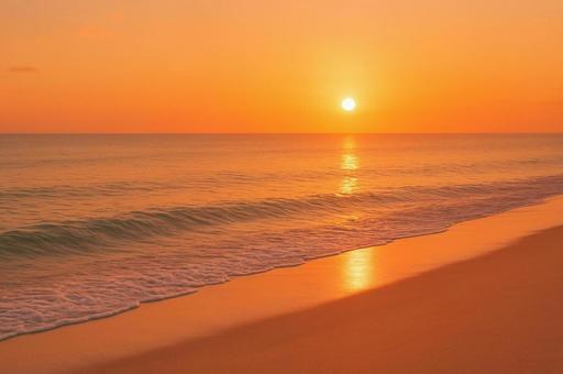 オレンジに染まる海辺の夕暮れ・波打ち際 オレンジに染まる海辺の夕暮れ・波打ち際の写真