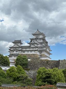 白鷺城の天守閣 雲,城,姫路城の写真素材