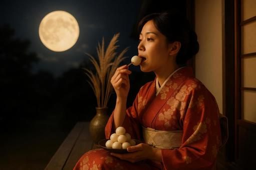 縁側で月を見ながら団子を食べる女性 縁側で月を見ながら団子を食べる女性の写真