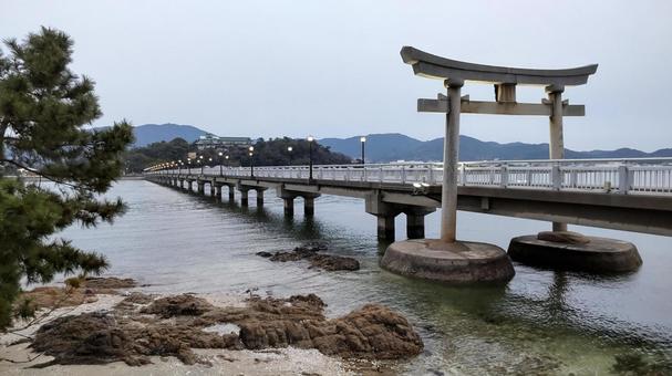 島に渡る橋と鳥居 島に渡る橋と鳥居の写真