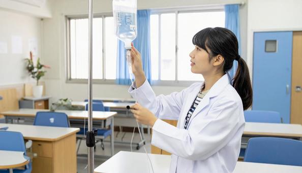 輸液ポンプの点検をする日本人看護師 輸液ポンプの点検をする日本人看護師の写真