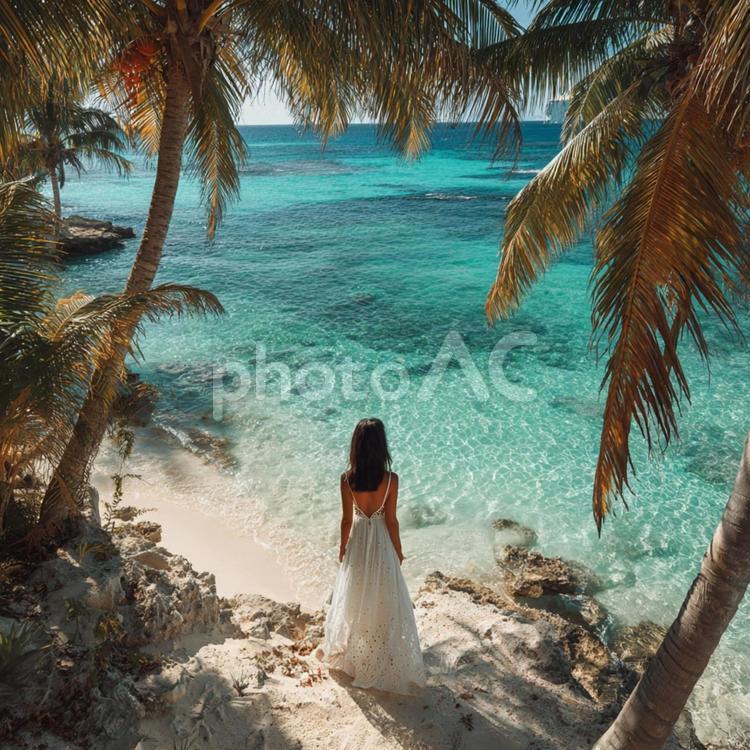 後ろ姿の女性と美しい南国の海 女性,後ろ姿,ドレスの写真素材