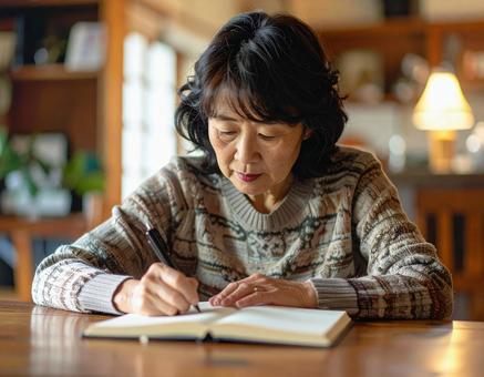 Senior woman taking notes in a notebook, senior, female, note, JPG