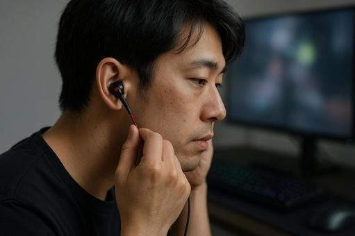 ゲーム中イヤホン装着の男性 ゲーム中イヤホン装着の男性の写真