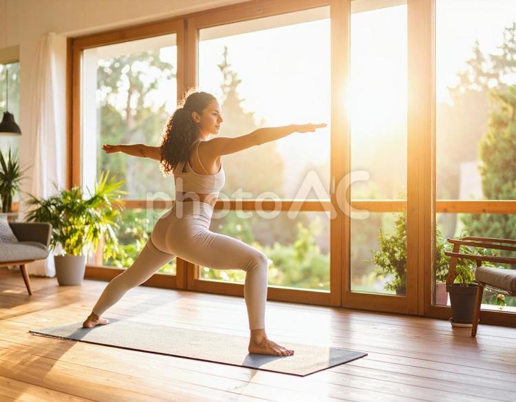 自宅でヨガをする女性 自宅,家,ヨガの写真素材