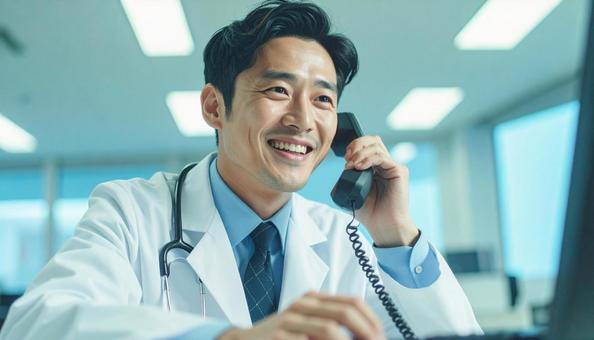 笑顔で固定電話をかける医師の写真